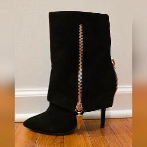 Black Heeled Boots with Gold Zipper